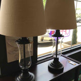 PAIR Lamp Bronze Glass Hurricane Base Oatmeal Shade Hidden Cord