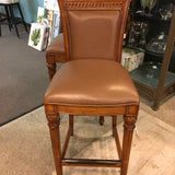 (PAIR) Bar Height Stool Ornate Frame Caramel Colored Leather