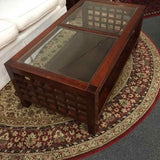 Grid Design Cherry Finish Coffee Table with Glass Insert Top